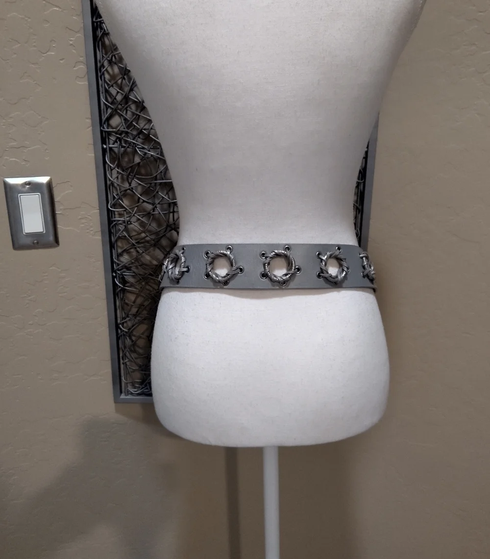 Chico's Wide Silver Belt with Circle Details and Metal Oval Hook Buckle